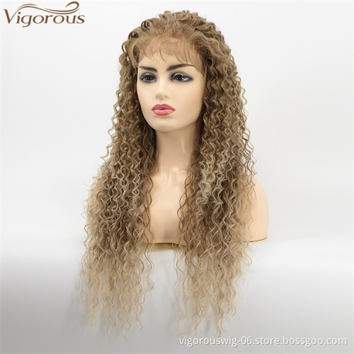 Vigorous Cheap Lace Frontal Synthetic Kinky Curly Wigs for White Women Long Ombre Brown To Blonde Wig Heat Resistant Fiber